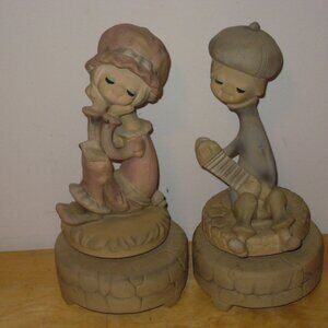 2 Vintage Figurine Beatnik Hippie Folk Bohemian 60/70s Music Box Girl Boy Japan